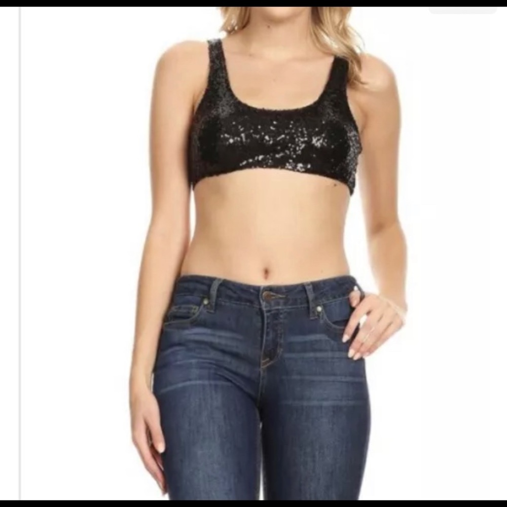 Sexy Black Sequin Lined Cropped Crop Bra Top New Gogo Dancer Party Glam Raver